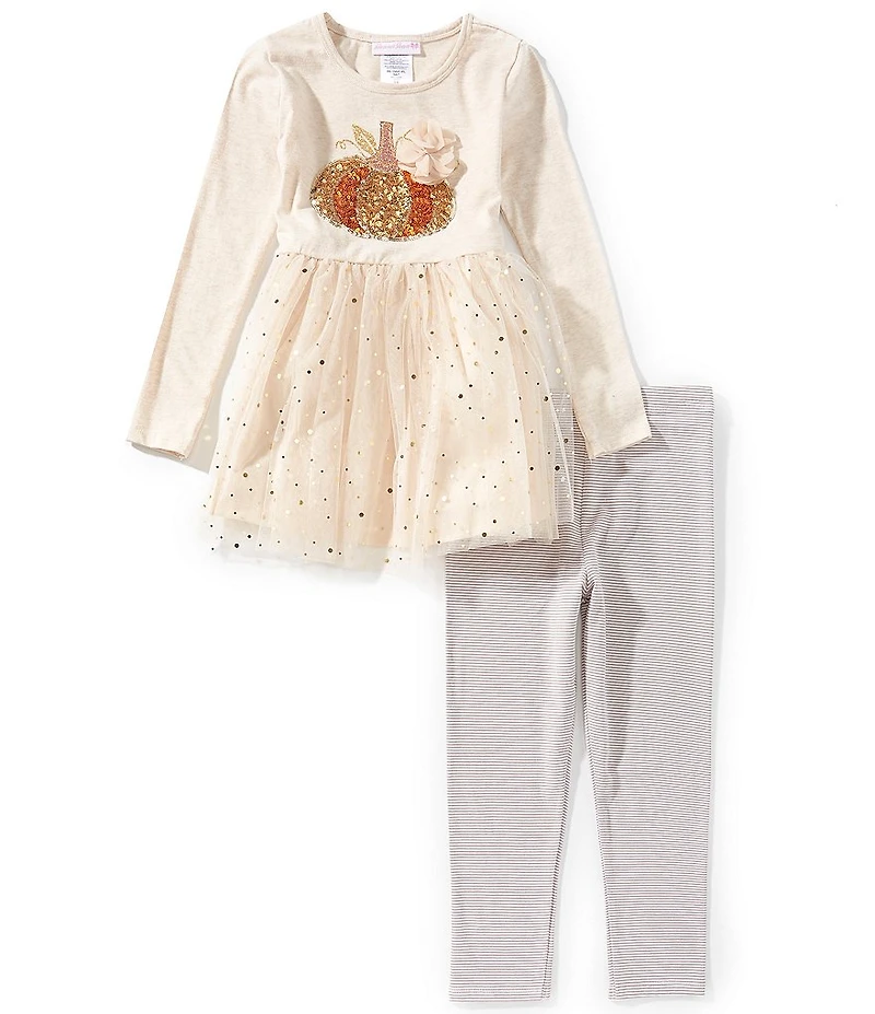 Bonnie Jean Little Girls Long Sleeve Sequin Embellished Pumpkin Applique Tutu Dress & Striped Leggings Set