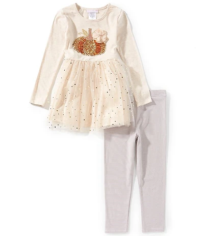 Bonnie Jean Little Girls Long Sleeve Sequin Embellished Pumpkin Applique Tutu Dress & Striped Leggings Set