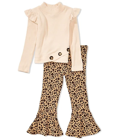 Bonnie Jean Little Girls Long-Sleeve Solid Rib-Knit Top & Animal-Printed Bell-Bottom Knit Leggings Set
