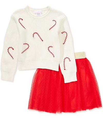 Bonnie Jean Little Girls Long-Sleeve Three-Dimensional Candy Cane Sweater & Point D' Esprit Mesh Tutu Skirt