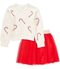 Bonnie Jean Little Girls Long-Sleeve Three-Dimensional Candy Cane Sweater & Point D' Esprit Mesh Tutu Skirt
