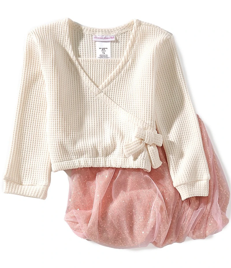Bonnie Jean Little Girls Long-Sleeve Waffle-Knit Sweater & Sequin-Embellished Bubble-Hem Tutu Skirt Set