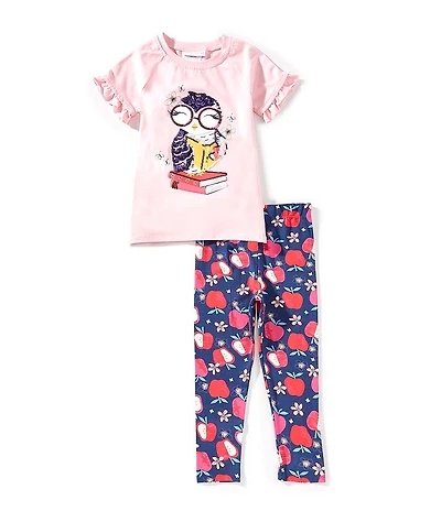 Bonnie Jean Little Girls Raglan-Sleeve Owl-Appliqued Tunic Top & Apple/Floral-Printed Leggings Set