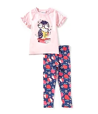 Bonnie Jean Little Girls Raglan-Sleeve Owl-Appliqued Tunic Top & Apple/Floral-Printed Leggings Set
