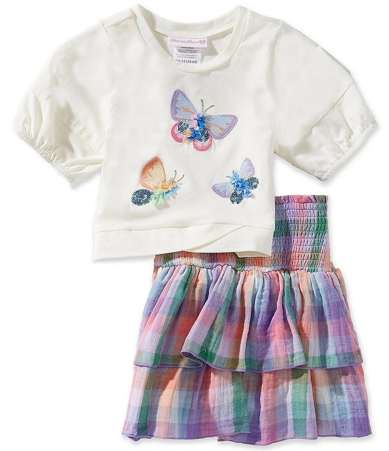 Bonnie Jean Little Girls Short-Sleeve Butterfly-Appliqued Knit Top & Plaid Smocked-Waist Layered Gauze Skirt