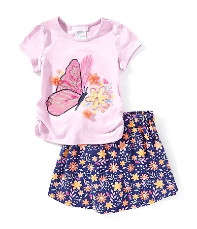 Bonnie Jean Little Girls Short-Sleeve Butterfly-Appliqued T-Shirt & Printed Skort Set