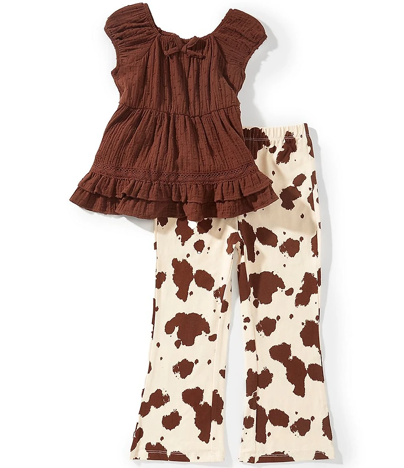 Bonnie Jean Little Girls Short Sleeve Clip Dot Boho Top & Cow Print Leggings Set