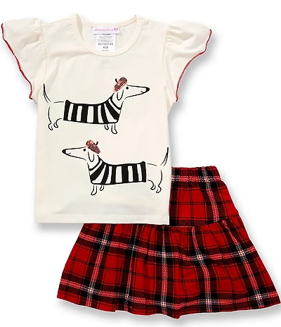 Bonnie Jean Little Girls Short-Sleeve Dachshund Printed T-Shirt & Coordinating Plaid Skort Set