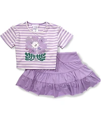 Bonnie Jean Little Girls Short-Sleeve Striped Sequin-Embellished Glitter Flower Boxy T-Shirt & Solid Tiered Knit Skirt Set