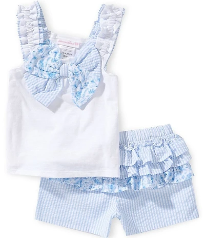 Bonnie Jean Little Girls Sleeveless Bow-Accented Toile Top & Seersucker Ruffled-Detail Shorts Set