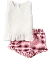 Bonnie Jean Little Girls Sleeveless Smocked Tank Top & Gingham-Checked Shorts Set