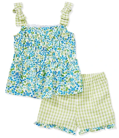 Bonnie Jean Little Girls Sleeveless Tie-Shoulder Mixed-Print Tank Top & Solid Shorts Set