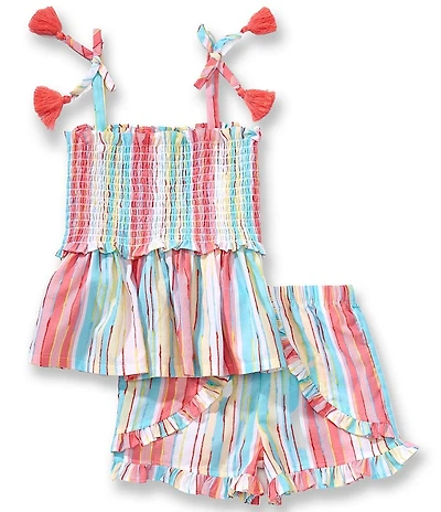 Bonnie Jean Little Girls Striped Tassel Trimmed Top & Matching Ruffled Striped Shorts Set