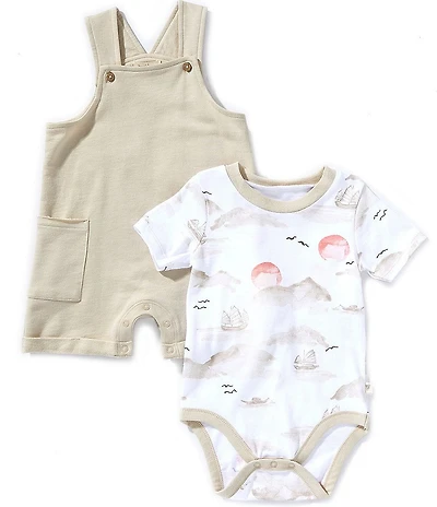 Burt's Bees Baby Boys Organic Cotton Short Sleeve Fishing Boats Print Bodysuit & Solid Jon Jon Shortall Set