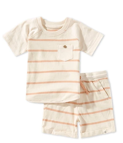 Burt's Bees Baby Boys Organic Cotton Raglan-Sleeve Striped/Color Block T-Shirt & Matching Shorts Set