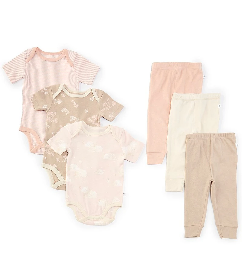 Burt's Bees Baby Girls Short Sleeve Printed Bodysuit & Solid Pant 6-Piece Set