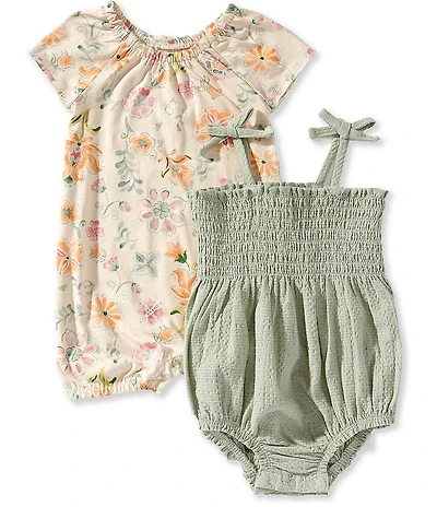 Burt's Bees Baby Girls Organic Cotton Sleeveless Solid Jersey Bubble Bodysuit & Short-Sleeve Watercolor-Floral Honeycomb Romper