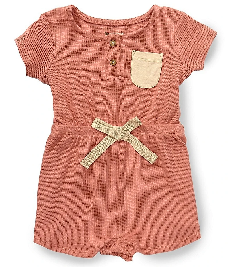 Burt's Bees Baby Girls Short Sleeve Organic Cotton Contrast Waffle Tie Front Romper