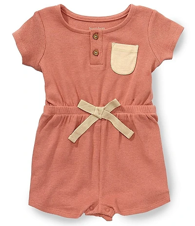 Burt's Bees Baby Girls Short Sleeve Organic Cotton Contrast Waffle Tie Front Romper