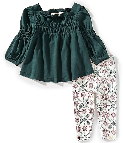 Burt's Bees Baby Girls Solid Tunic Top & Poinsettia/Fair Isle Printed Leggings Set