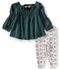 Burt's Bees Baby Girls Solid Tunic Top & Poinsettia/Fair Isle Printed Leggings Set