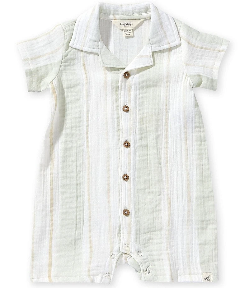 Burt's Bees Baby Boys Short Sleeve Organic Cotton Muslin Pacific Stripe Button Front Polo Collar Shortall