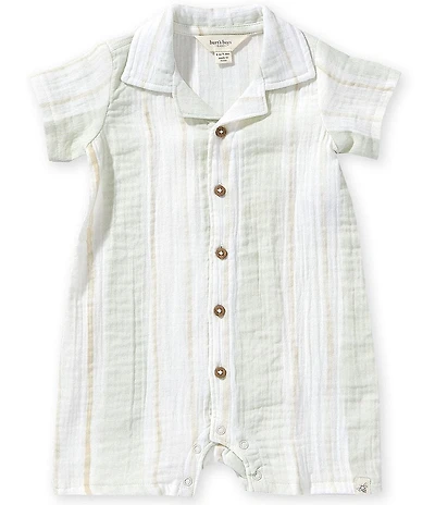 Burt's Bees Baby Boys Short Sleeve Organic Cotton Muslin Pacific Stripe Button Front Polo Collar Shortall