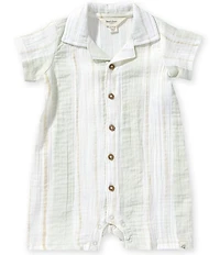 Burt's Bees Baby Boys Short Sleeve Organic Cotton Muslin Pacific Stripe Button Front Polo Collar Shortall