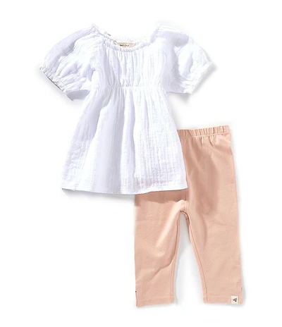 Burt's Bees Little Girls Puff Short Sleeve Dotted Muslin Top & Leggings Set