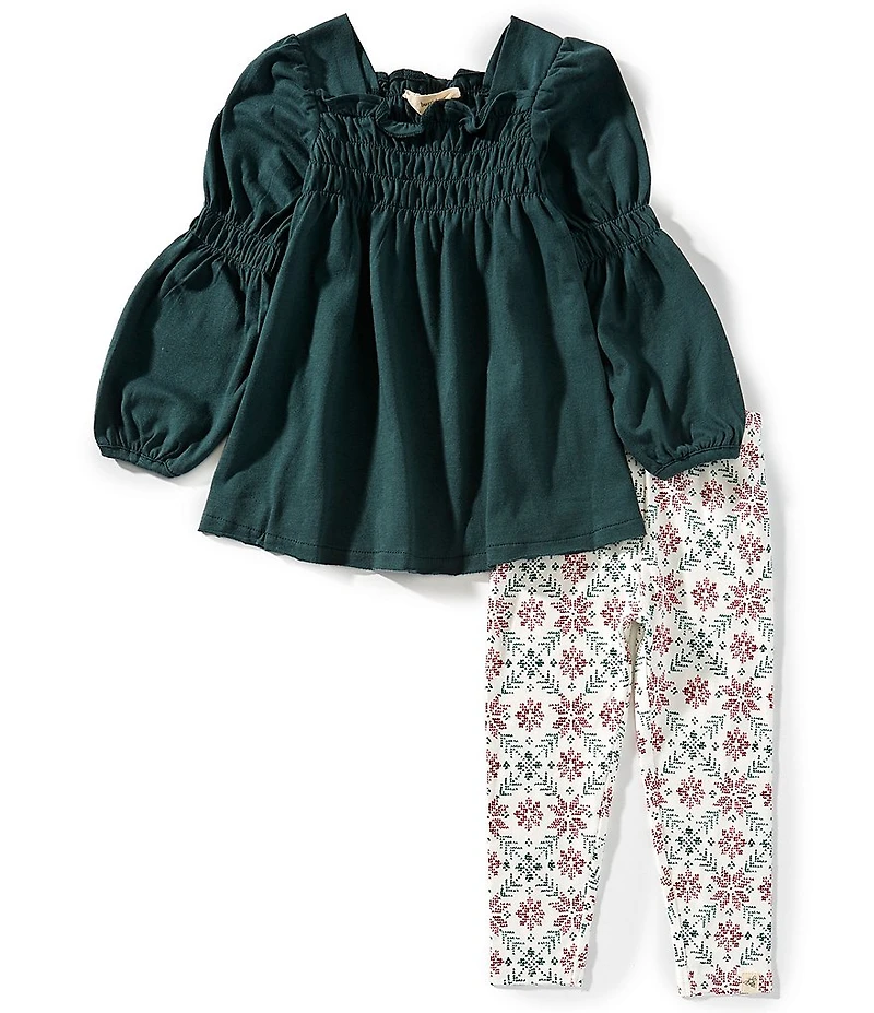 Burt's Bees Little Girls Solid Tunic Top & Poinsettia/Fair Isle Printed Leggings Set