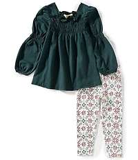 Burt's Bees Little Girls Solid Tunic Top & Poinsettia/Fair Isle Printed Leggings Set