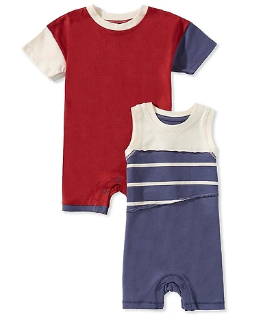 Burt's Bees Organic Cotton Baby Boys Sleeveless Stripe/Color Block Shortall & Short-Sleeve Colorblocked Shortall Set