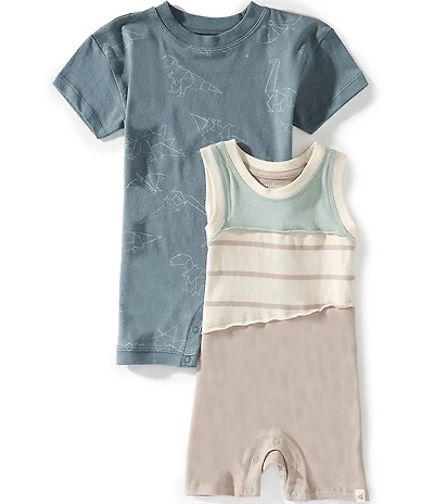 Burt's Bees Baby Boys Sleeveless Organic Cotton Mixed Media Shortall & Short Sleeve Origami Dinosaur Printed Shortall 2-Pack