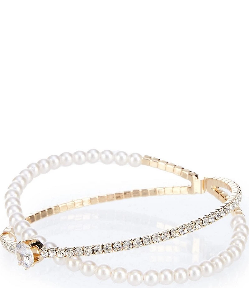Cezanne Crossover Pearl and Rhinestone Bangle Bracelet
