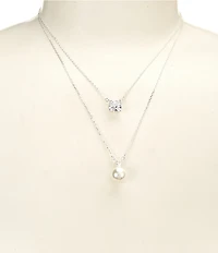 Cezanne Crystal Square Stone and Pearl Drop 2 Row Chain Short Multi Strand Necklace