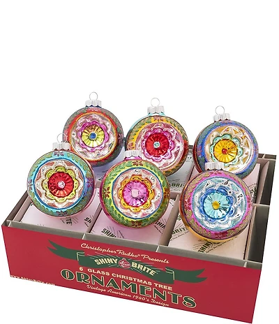 Christopher Radko Shiny Brite Christmas Confetti Reflector Round Glass Ornaments, Set of 6