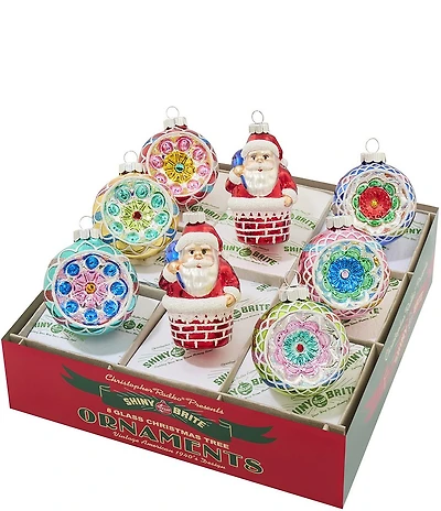 Christopher Radko Shiny Brite Christmas Confetti Santa & Reflector Round Glass Ornaments, Set of 8