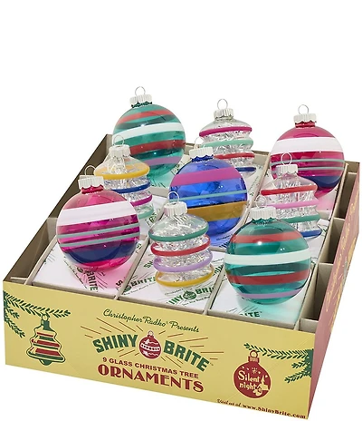 Christopher Radko Shiny Brite Vivid Vintage Multi-Color Rounds & Lanterns Glass Ornaments, Set of 9
