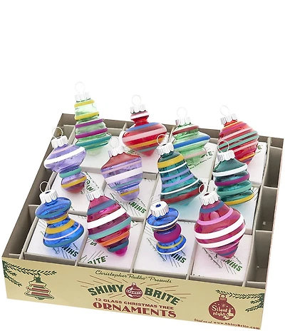 Christopher Radko Shiny Brite Vivid Vintage Striped Multi Shape Glass Ornaments, Set of 12