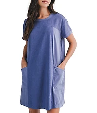 City Blues Linen-Blend Banded Scoop Neck Short Sleeve Patch Pocket Shift Dress