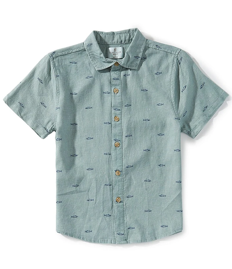 Class Club Big Boys Fish Print Woven Linen Button Front Shirt