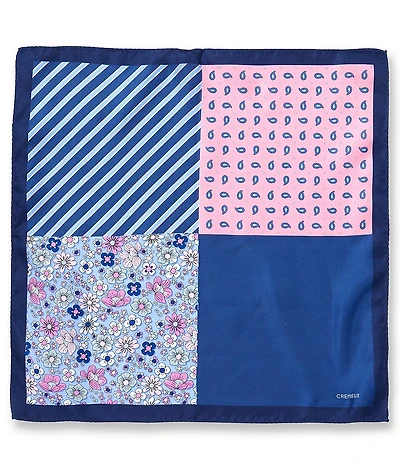 Cremieux King Floral Stripe Paisley Four Square Woven Silk Pocket Square