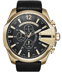 Diesel Mega Chief Leather Strap Chronograph Gold-Tone Stainless Steel Case Watch