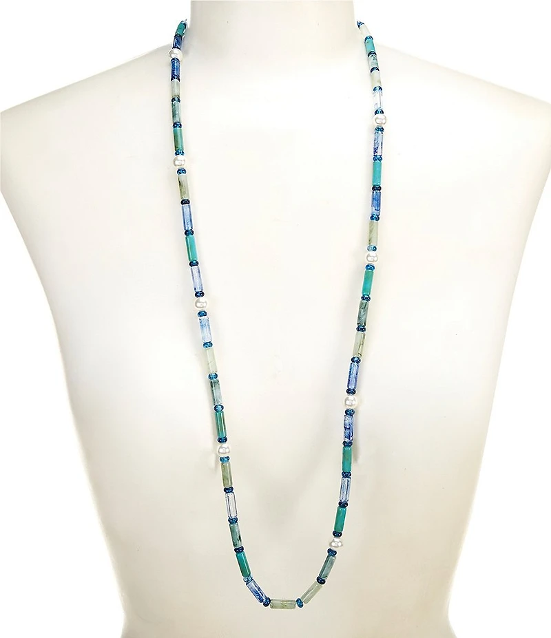 Dillard's Blue Multi Tube Bead & Pearl Station Long Strand Necklace