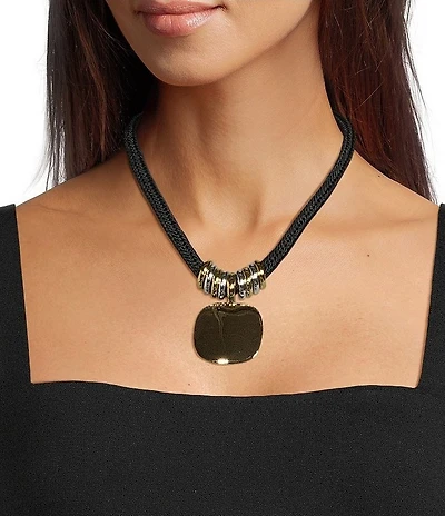 Dillard's Braided Jet Cord Polished Metal Square Short Pendant Necklace