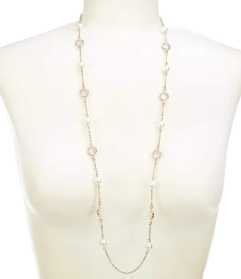 Dillard's Crystal Round Stone & Pearl Station Long Strand Necklace