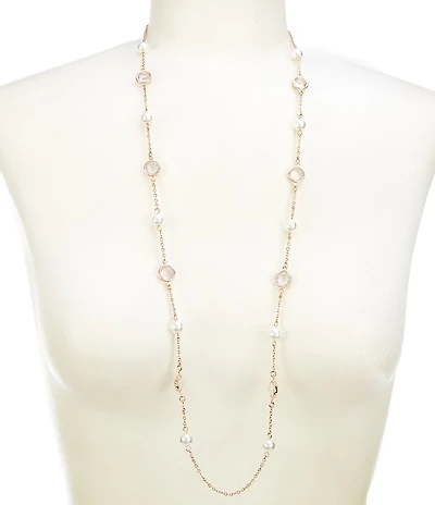 Dillard's Crystal Round Stone & Pearl Station Long Strand Necklace