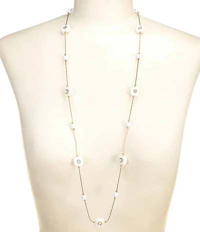 Dillard's Crystal Stone White Enamel Square Bead Station Long Strand Necklace