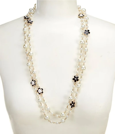 Dillard's Jet & White Enamel Flower Pearl Long Strand Necklace