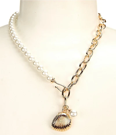 Dillard's Oval Chain & Pearl Metal Seashell Charm Drop Short Pendant Resort Necklace